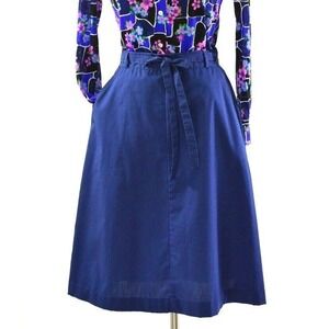 70s Vintage Navy Blue Wrap Skirt Womens XS A line Contrast Stitch Knee Length